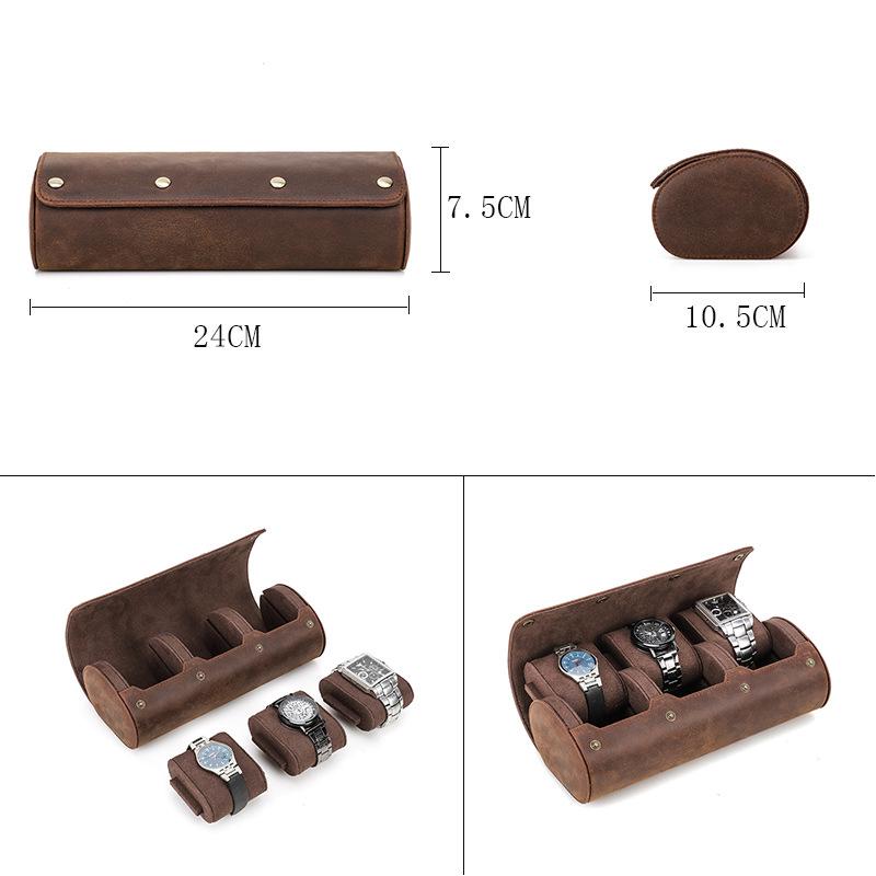 Vintage Crazy Horse Leather Watch Storage Box Set - Portable, Oval Design for Travel