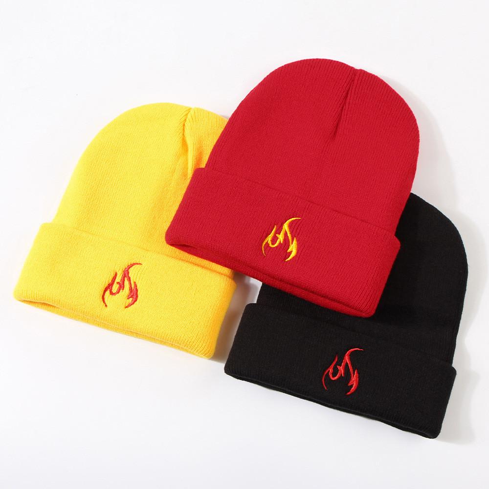 New Fashion Flame Embroidery Warm Knitted Hat Winter Couple Ear Protection Beanie