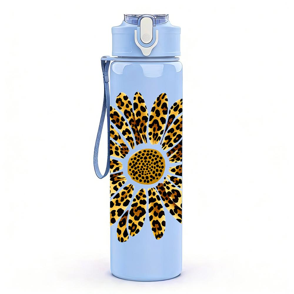 1PC Leopard Sunflower Bloom Graphic,750ml Color Plastic Sports Water Bottle,Leakproof Flip Straw Lid,Suitable for Sports Office Home Use