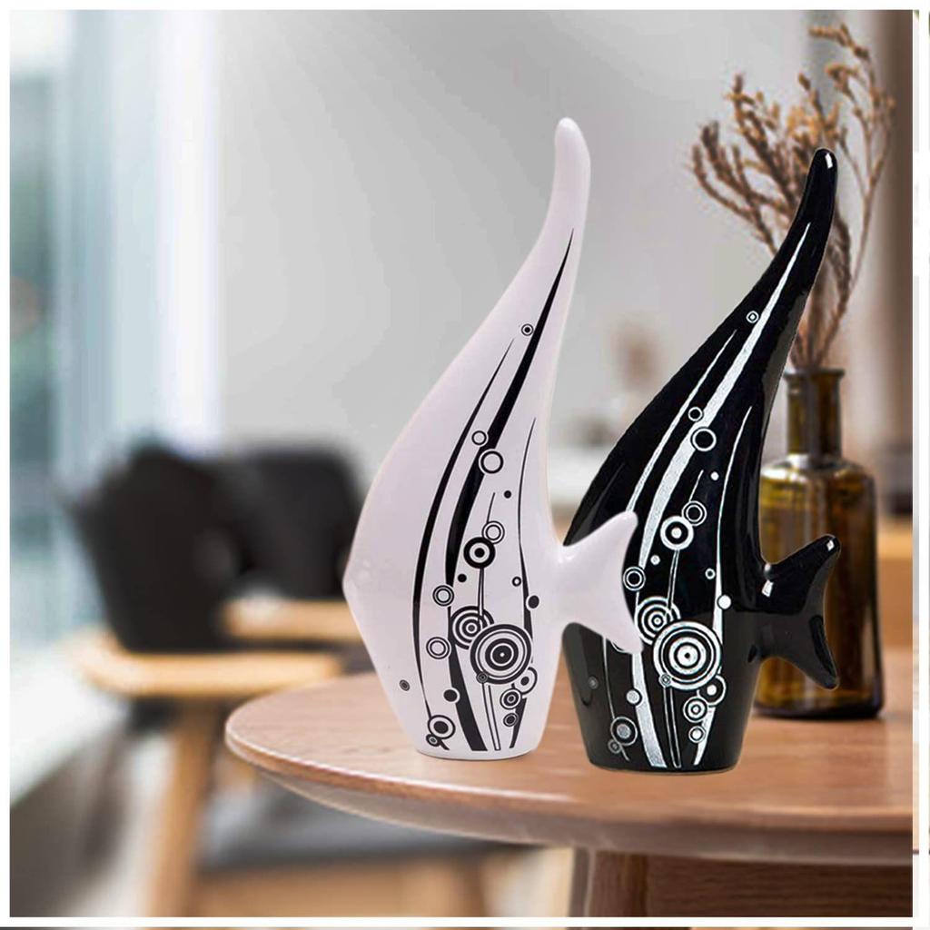 Modern Minimalist Black and White Bubble Fish Art Figure | Beautiful Home Decor- (Set of 2 Pc)
