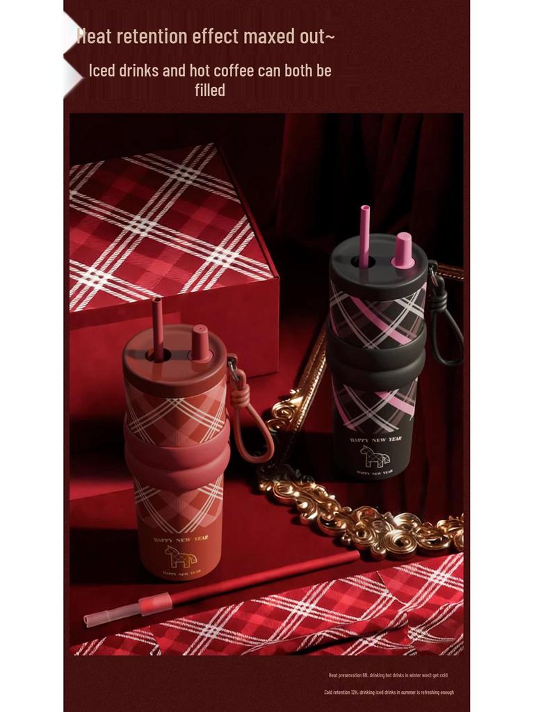Year of the Horse Stainless Steel Thermos Cup with Ceramic Liner & Straw - Girls' Car Water Bottle, Perfect New Year Gift