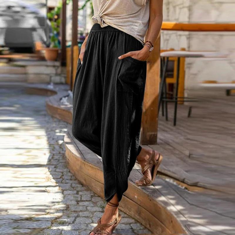 Summer New Casual Fashion Solid Linen Harem Pants Women Loose Pocket Wide Leg Radish Ankle-length Trousers Female Bloomers