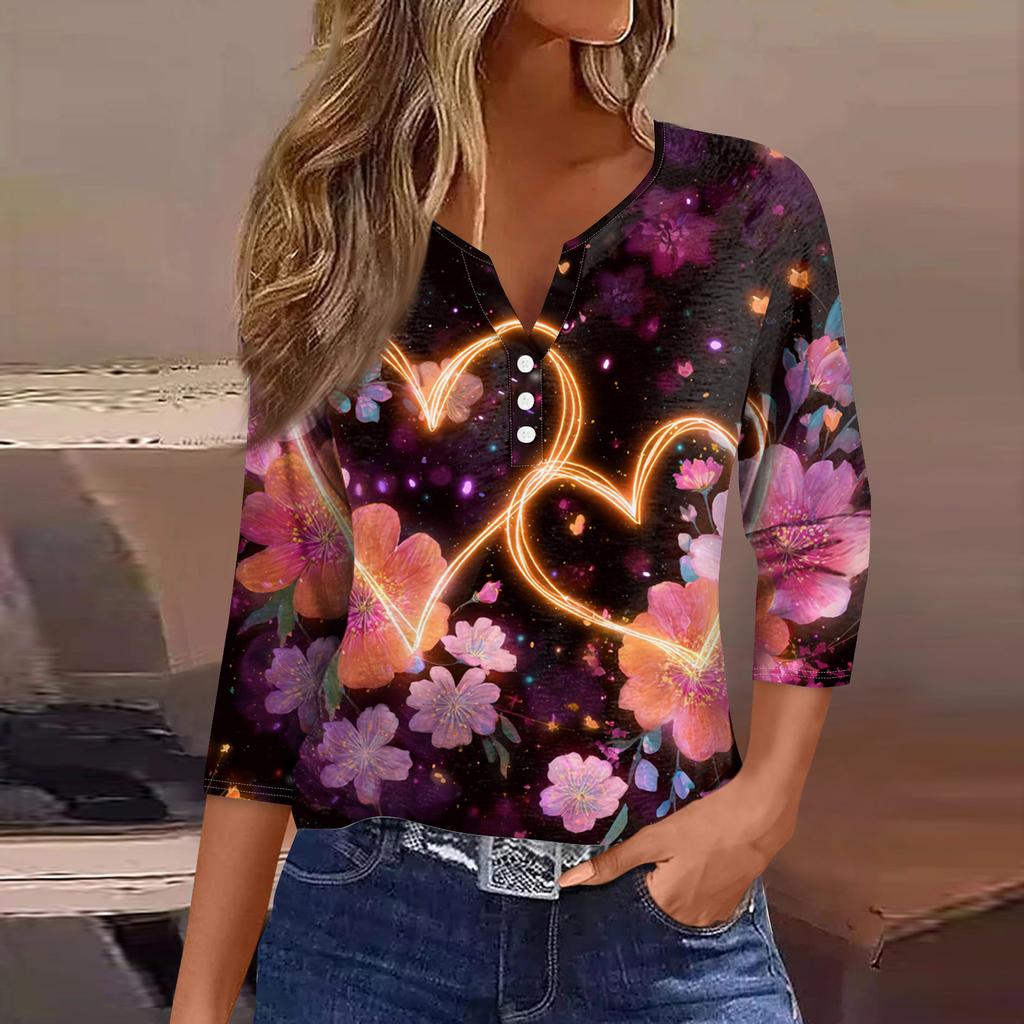 Women's  collar Valentine's Day print short-sleeved T-shirt top