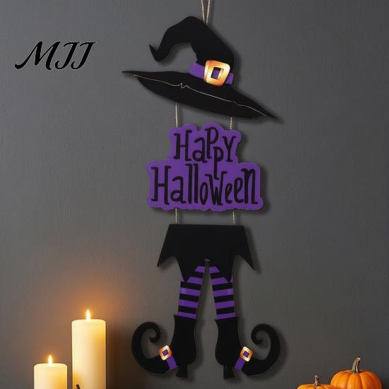 Indoor Outdoor Halloween Sign Happy Welcome Witch Legs Hat Hanging Wooden Wall Decor Durable Art Rustic Front Door Hanger for Porch Vivid Color