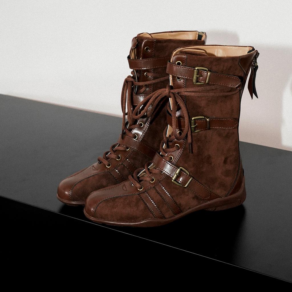 Cowhide Edition~ Retro Splicing Suede Boxing Boots Women's Fashion Niche Belt Buckle Lace Back Zipper Martin Boots