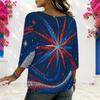Women Plus Size Round Neck Half Sleeve Red White Blue Printed Loose Curved Hem Blouse