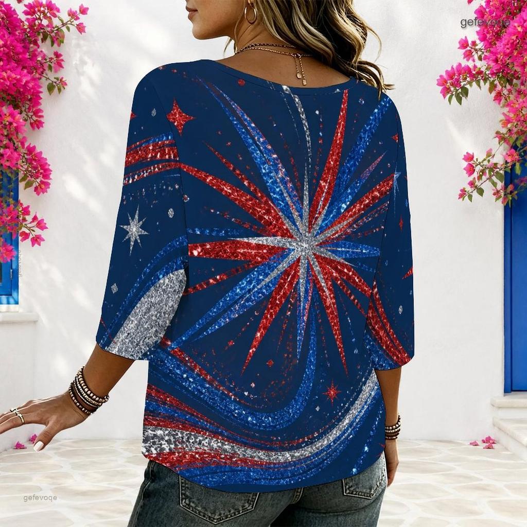 Women Plus Size Round Neck Half Sleeve Red White Blue Printed Loose Curved Hem Blouse