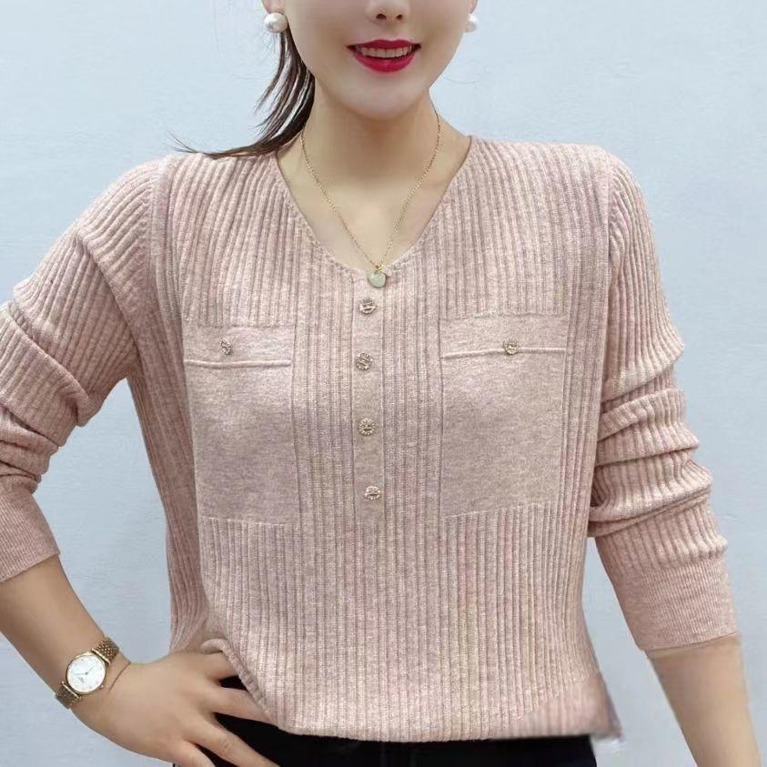 Women's Autumn Sweater Long Sleeve Knit V-Neck Pullover Loose Thin Sweater Top