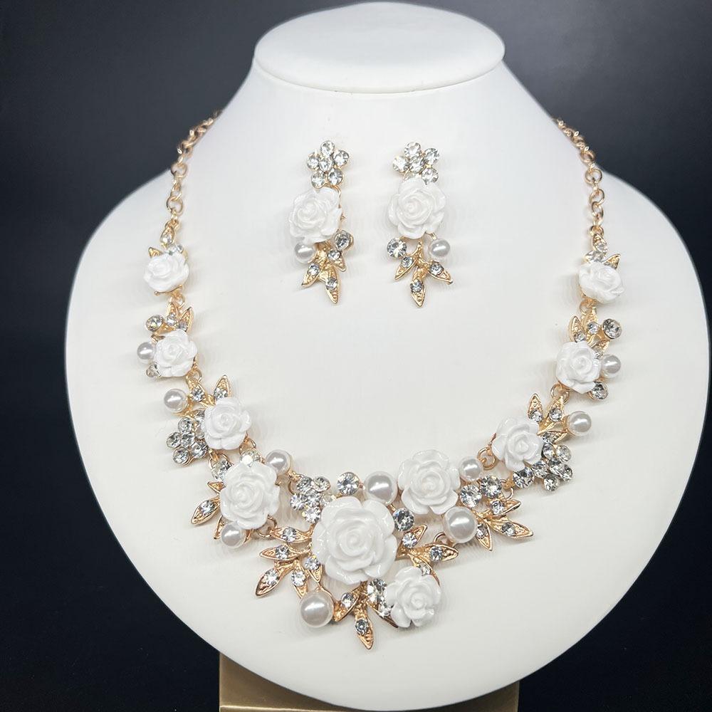 1 Set Multicolor Flowers Crystal Jewelry Set Enamel Pearl Necklace Earrings Set Exquisite Luxury Bridal Jewelry Set Banquet