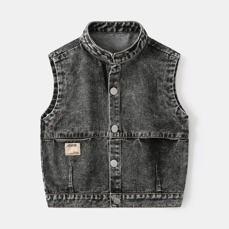 Spring and Autumn Boys' Stylish Denim Vest Children's Clothing Kids' Stand Collar Cardigan Baby Sleeveless Solid Color Jacket