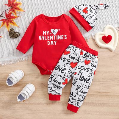 Conjunto de Roupa para Bebê “Meu 1º Dia dos Namorados" Estampado Algodão Manga Longa Macacão & Calça Com Touca