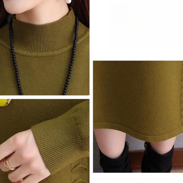 Half Turtleneck Knitted Dress Solid Color Loose Mid-length Sweater for Women Autumn and Winter Casual Long-sleeved Pullover
