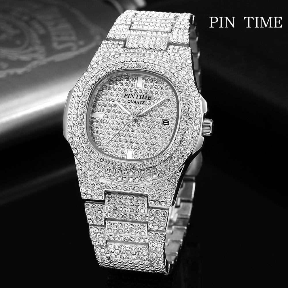 

PINTIME Стальной ремешок Часы Patek Звездные люди, инкрустированные бриллиантами's и женщины's Часы Календарь Кварцевые часы