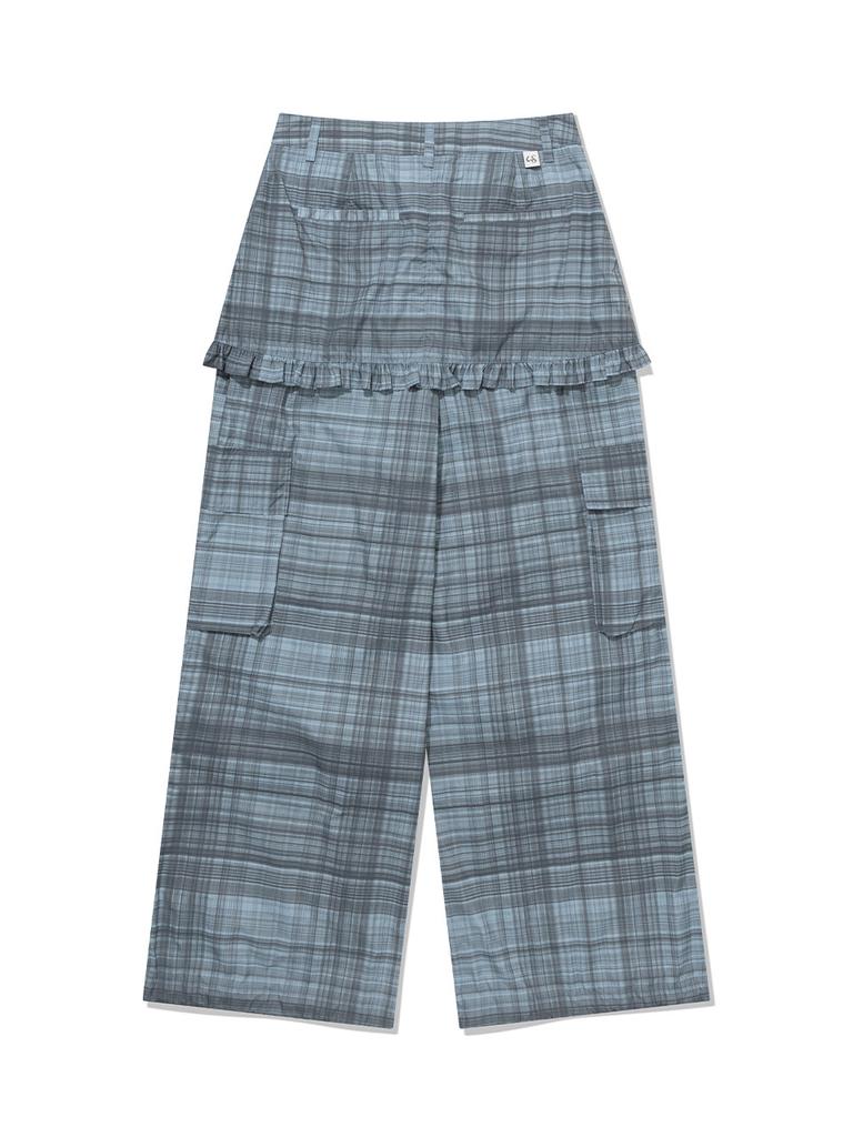 Eogeulliswedou Ruffle Check Skirt Cargo Pants (Blue)