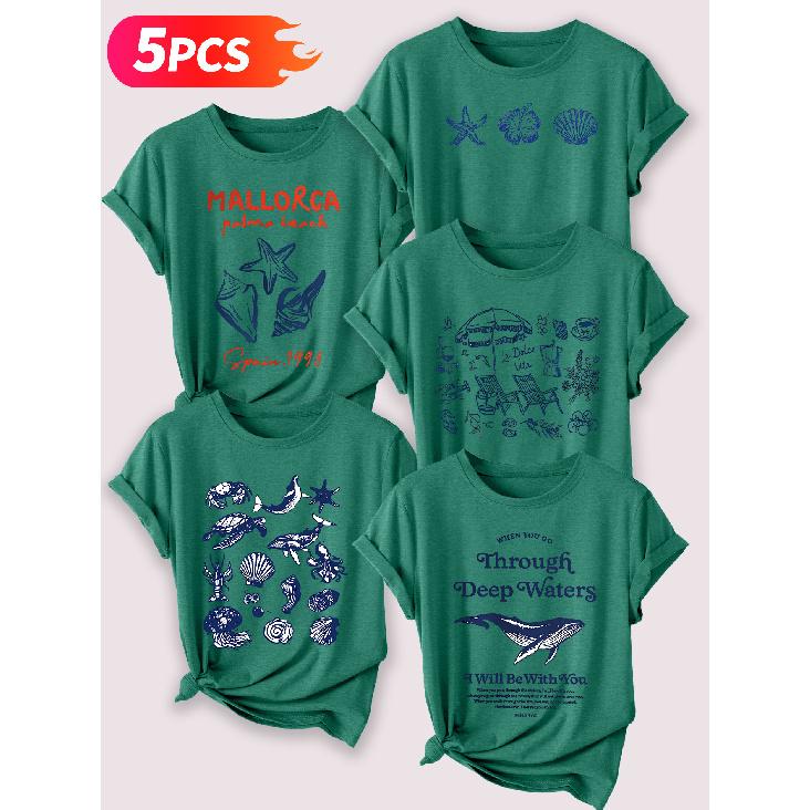 Follow a specific direction Five-piece set for women T Shirt with vintage ocean shell print Elegant Summer Party Outfits Short-sleeved shirt for work