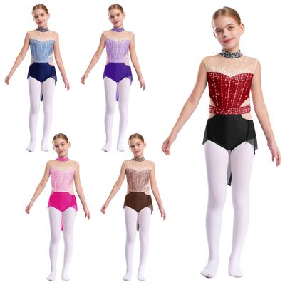 Kids Girls Ballet Gymnastics Dress Rhinestones Mesh Skirted Leotard Figure Ice Skating Jersey Lyrical Dance Performance Costume