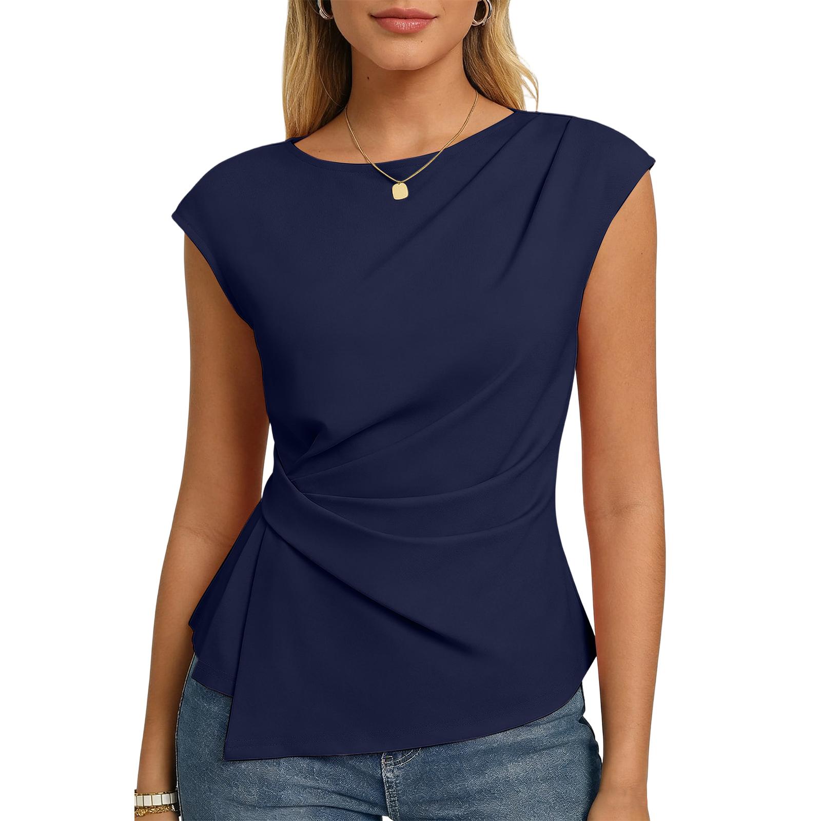 

Women s Casual Top Monochrome Pleated Top Round Neck Short Sleeved Shirt XXL