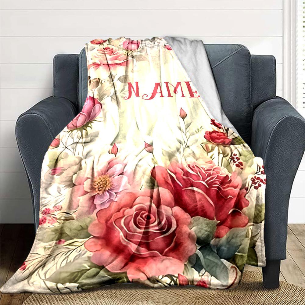 Floral Rose Design With Placeholder Cozy Personalized Blanket Customize Your Name Comfortable Texture For Sofa Couch Office Bed Picnics Four Seasons