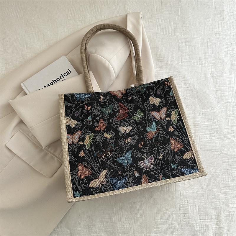 Butterfly Pattern Print Tote Bag For Women Made Of Linen With Magnetic Closure For Daily Commute