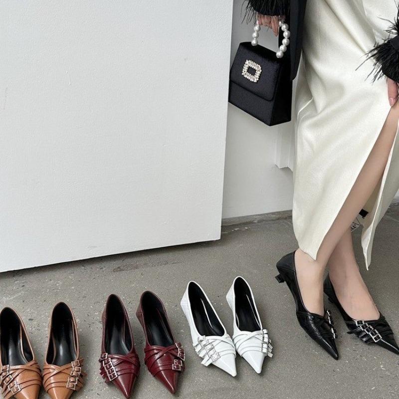 Fashion Women Shoes  Fashion Pointed Toe Low Heel Pumps Brand Belt Buckle Shallow Slip on Ballet Elegant Pumps for Party Dress