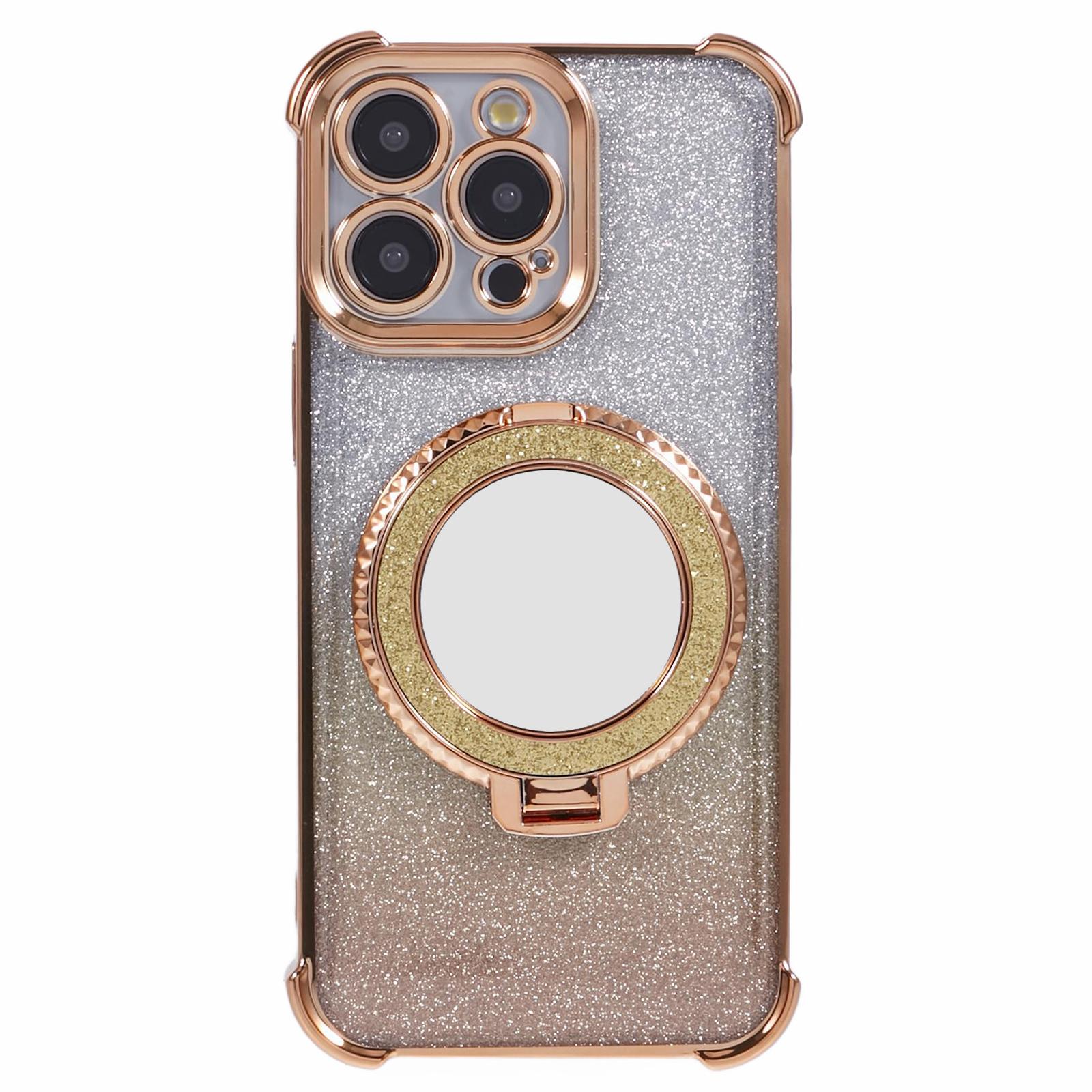 

For iPhone 13 Pro Kickstand Case Heart Pattern Edge Glitter TPU Phone Cover with Mirror Gold