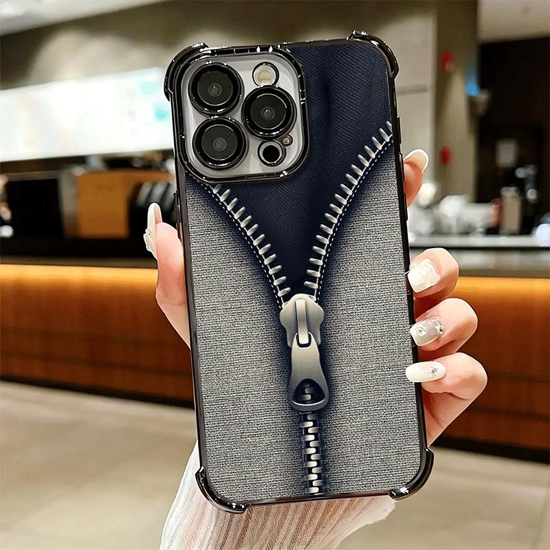 Retro Zipper Jeans Pattern Soft Phone Case For iPhone 15 16 17 Air 14 Pro Max 16E Plus 13 12 Mini Plating Anti-Fall Fundas