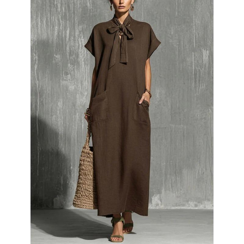 QICED Fashion Summer Spring Solid Color Print Short Sleeve Casual Dresses