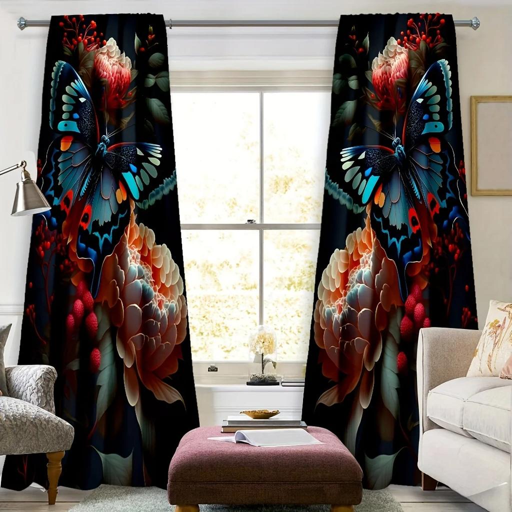 Fjärilar och Blommor Tryckta Gardiner Studierum Kök Vardagsrum Sovsal Stångficka Topp Fönsterdraperier Sovrumsinredning Ny