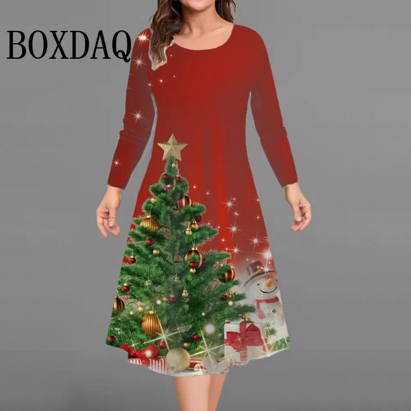Christmas Print Woman Dress O Neck Ladies Long Sleeves Autumn Winter New Products Loose Casual Christmas Tree Plus Size Dresses