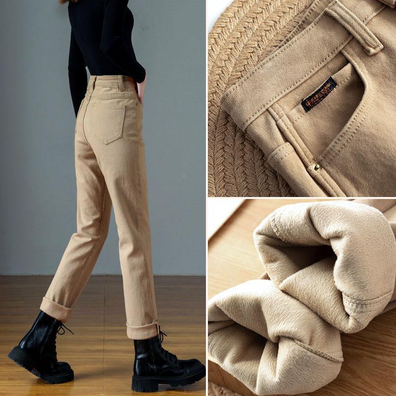 Women's High-Waisted Slim-Fit Khaki Cigarette Pants with Velvet Lining for Autumn and Winter