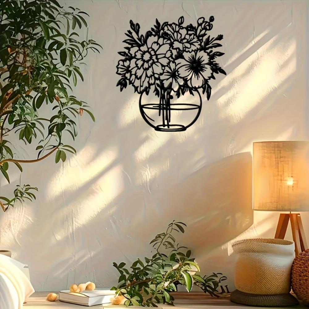 Metal Wall Art Vase with Flowers, Minimalist Floral Iron Sculpture, Modern Home Decor Outdoor Wall Mounted, Original Design for Wedding