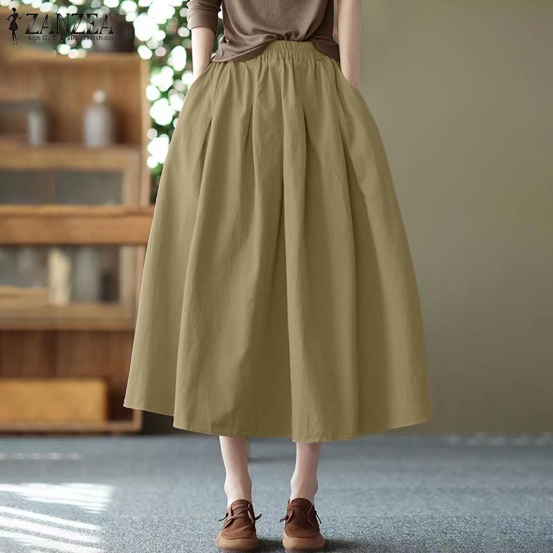 ZANZEA Gonne lunghe larghe larghe tinta unita in vita elastica casual da donna
