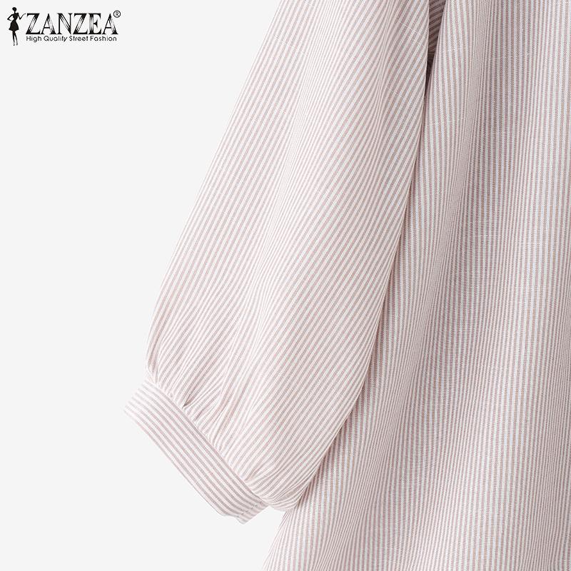 ZANZEA Blouse Décontractée à Col Montant pour Femmes, Manches Longues Amples à Rayures