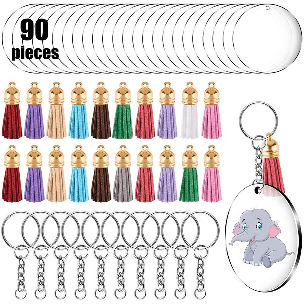 90pcs Keyring DIY Decoration Acrylic Key Disc Hand Craft Jump Leather Tassel Set Tassel Color Random