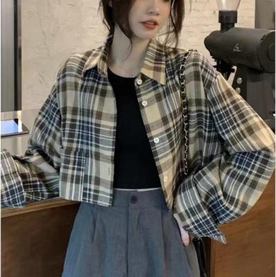 Camisa Feminina Coreana Retro Xadrez Emagrecedora - Manga Longa, Top Curto para Primavera & Outono 2025