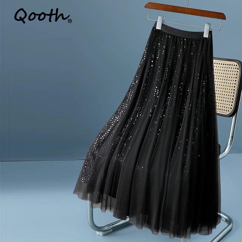 Qooth Toamnă Fustă A-line Lungime Maxi din Plasă cu Paiete Negre Fustă Largă din Tulle QT2479