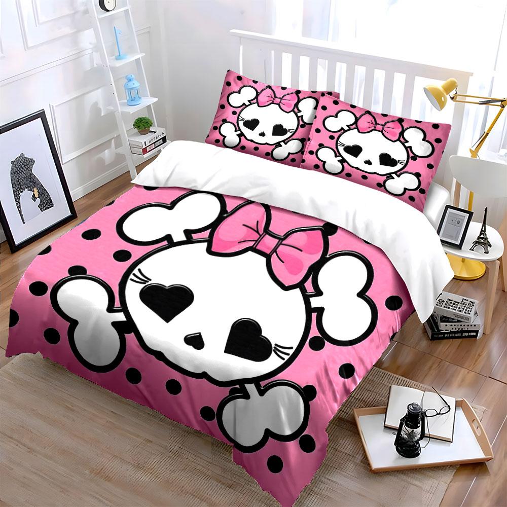 "Pink Skull Pattern Decoration Set" Soft Skin-Friendly Bedding Set Includes 1 Duvet Cover And 2 Pillowcase, Gift