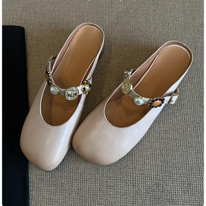 Модные осенние шлепанцы с закрытым носком женские модные туфли с квадратным носком с мелким вырезом с жемчужной отделкой на ремешке на мягкой подошве на низком каблуке 35 4385₽
