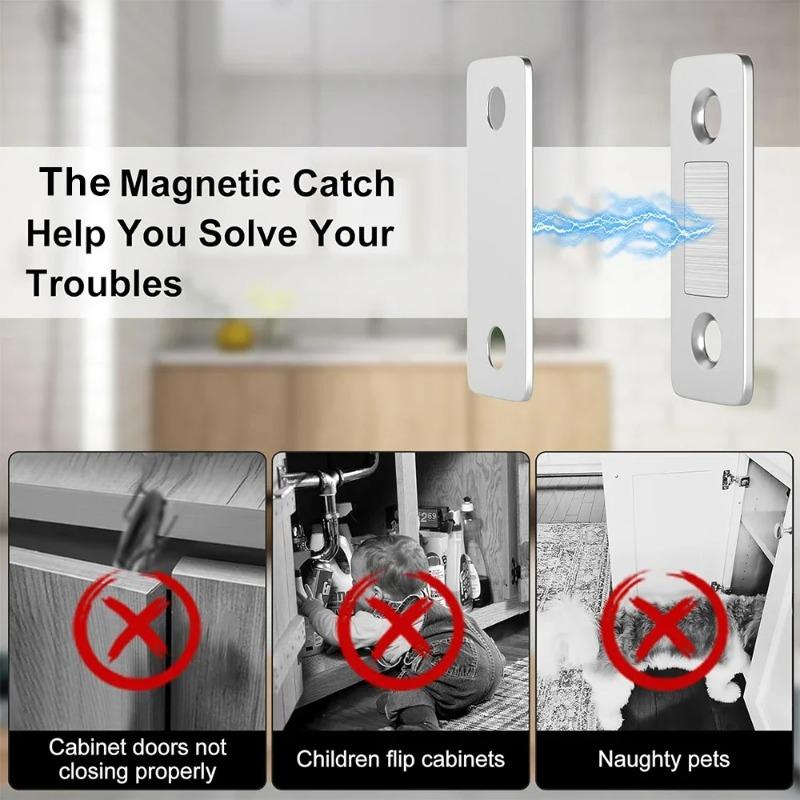 Ultra Thin Magnetic Cabinet Catches-Strong Hold Adhesive Mount No Drill Latch for Kitchen Drawer&Closet Door, Adjustable Stopper
