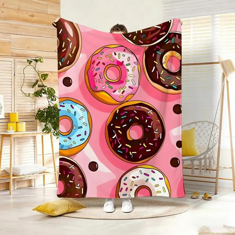 Cute Cartoon Donuts Throw Lightweight Flannel Blanket Soft Skin-friendly for Summer Cooling