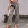 Women's High Waist Straight Leg Jeans Leopard Print Raw Frayed Hem Denim Long Pants