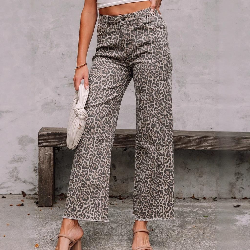 Women's High Waist Straight Leg Jeans Leopard Print Raw Frayed Hem Denim Long Pants
