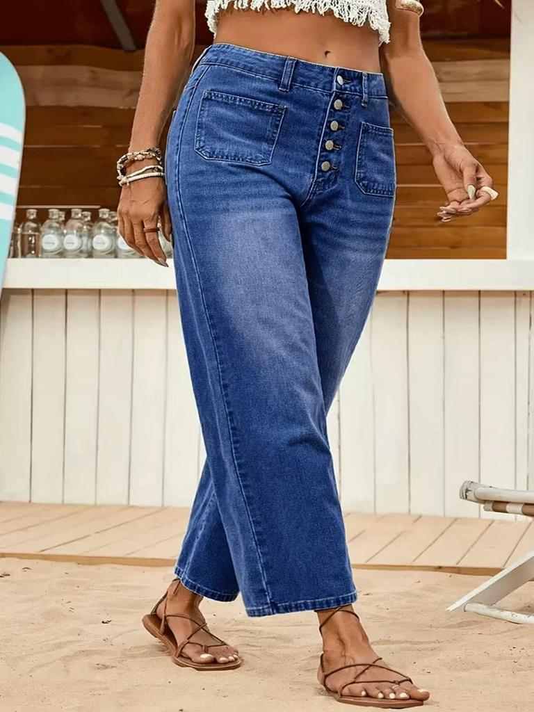 Women's Plus Size Multi-Button Stretch Denim Cropped Jeans