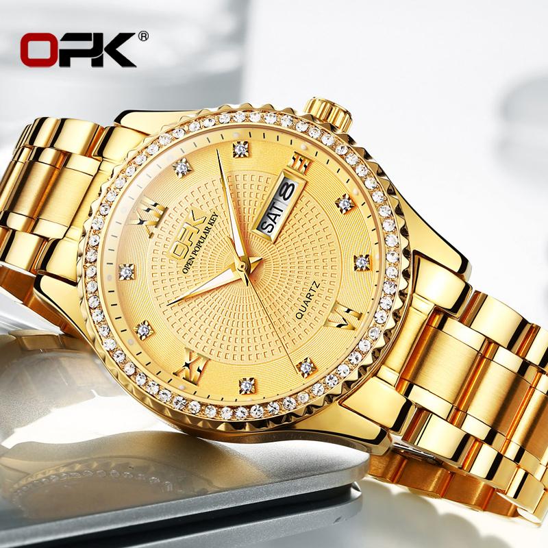 OPK 8113 Man Watch Luxury Diamond Bezel Date Week Stainless Steel Luminous Waterproof Original Business Men's Quartz Wristwatch
