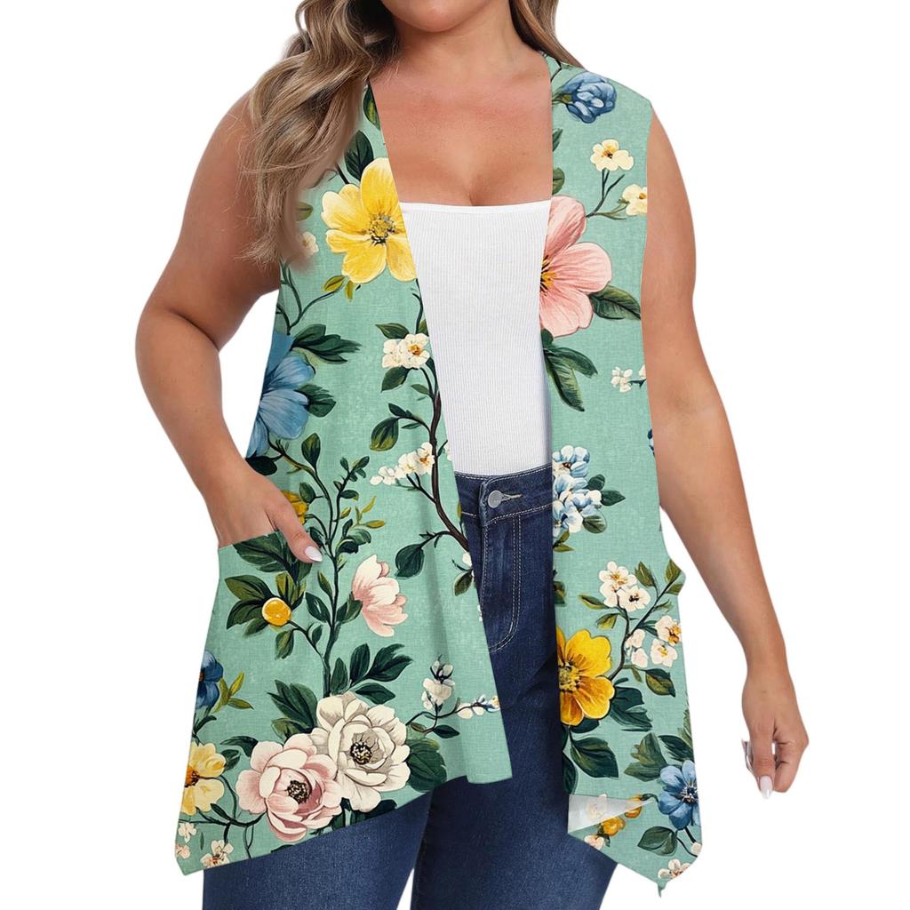 Women's Oversized Loose Casual Printed Sleeveless Vest With Pocket Cardigan Jacket Cardigan Jacket