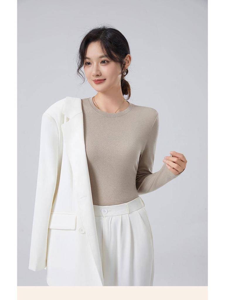 New Autumn/Winter Modal Wool Crew Neck Base Layer Top - White Long Sleeve Shirt