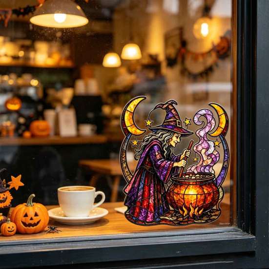 Durable Halloween Vinyl Clings Witch And Medicine Cauldron Window Sticker, Stained Glass Effect PVC Decal Indoor Shop Decor for Doors