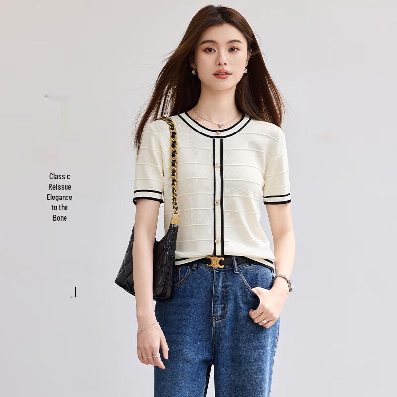 VICTORIA&VERA Elegant Color Block Ice Silk Knit Short Sleeve Top