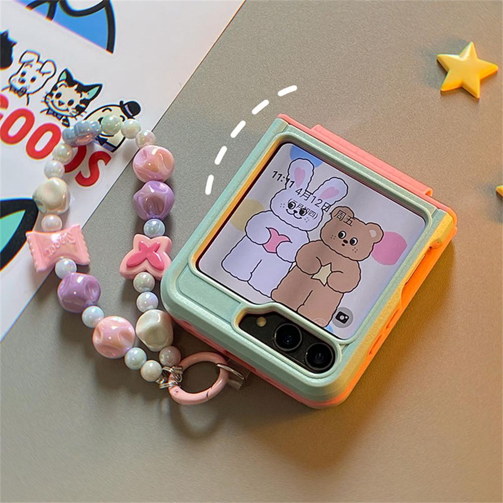 Koreaanse Schattige Groen Roze Telefoonhoesje Voor Samsung Galaxy Z Flip 6 5G Flip5 Flip4 Japan Kawaii Meisje Snoep Hangend Touw Hoesje For Galaxy Z Flip 5
