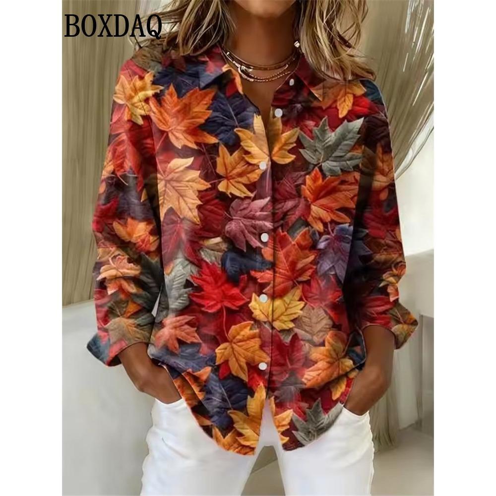 Women's Long-Sleeve Shirt Spring Summer Maple Leaf Print Blouse Casual Everyday Wear Paisley Print Lapel Female Tops